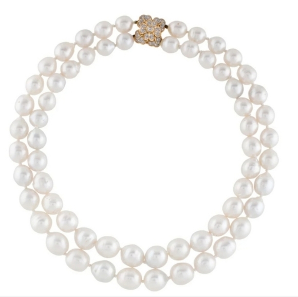 Source Unknown Jewelry - White Pearl Duble Strand Alhambra Flower Diamond Necklace Ven Cliff Style